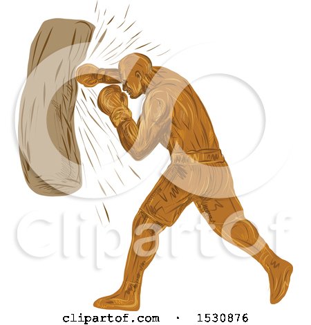 Clipart of a Sketched Boxer Punching a Bag - Royalty Free Vector Illustration by patrimonio