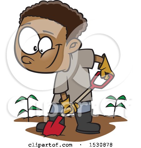 Clipart of a Cartoon African American Boy Digging in a Garden - Royalty Free Vector Illustration by toonaday