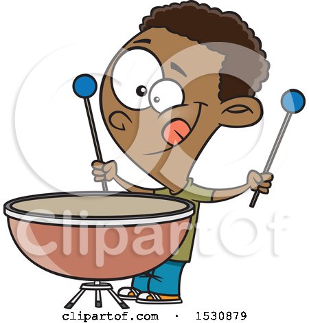 Clipart of a Cartoon African American Boy Playing a Kettle Drum - Royalty Free Vector Illustration by toonaday