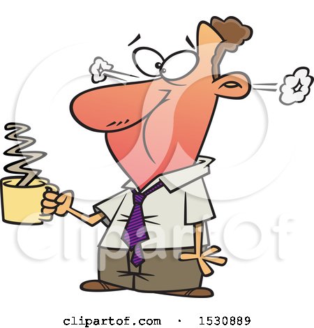 Clipart of a Cartoon Caucasian Business Man Steaming After Drinkng Hot Coffee - Royalty Free Vector Illustration by toonaday