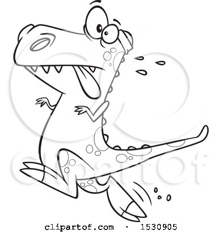 Clipart of a Cartoon Outline Tyrannosaurus Rex Dinosaur Jogging - Royalty Free Vector Illustration by toonaday