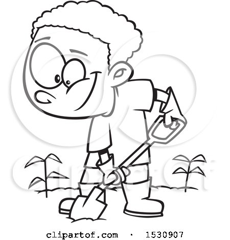 Clipart of a Cartoon Outline African American Boy Digging in a Garden - Royalty Free Vector Illustration by toonaday
