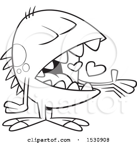Clipart of a Cartoon Outline Monster Swallowing Hearts - Royalty Free Vector Illustration by toonaday