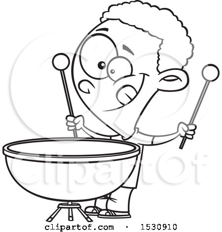 Clipart of a Cartoon Outline African American Boy Playing a Kettle Drum - Royalty Free Vector Illustration by toonaday