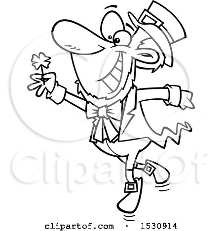 Clipart of a Cartoon Outline St Patricks Day Leprechaun Dancing with a Four Leaf Clover - Royalty Free Vector Illustration by toonaday