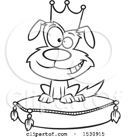 Clipart of a Cartoon Outline Pampered Dog Wearing a Crown and Sitting on a Pillow - Royalty Free Vector Illustration by toonaday
