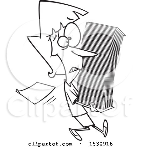 Clipart of a Cartoon Outline Woman Carrying a Stack of Paperwork - Royalty Free Vector Illustration by toonaday