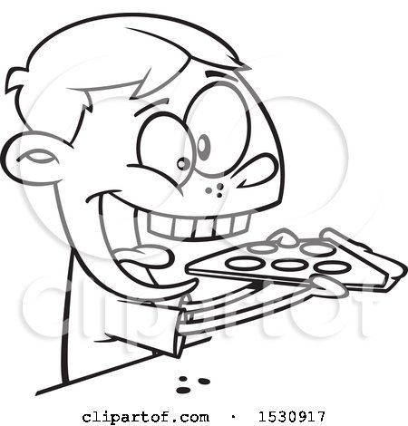 Clipart of a Cartoon Outline Boy Enthusiastically Eating Pizza - Royalty Free Vector Illustration by toonaday