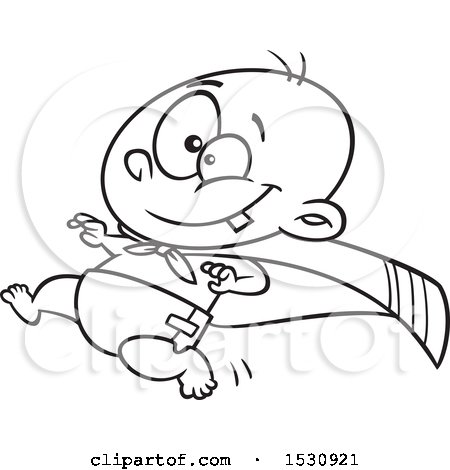 Clipart of a Cartoon Outline Super Baby Running in a Cape - Royalty Free Vector Illustration by toonaday