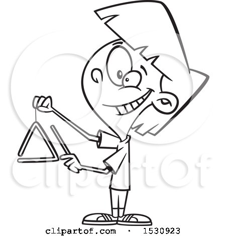 Clipart of a Cartoon Outline Girl Playing a Triangle Instrument - Royalty Free Vector Illustration by toonaday