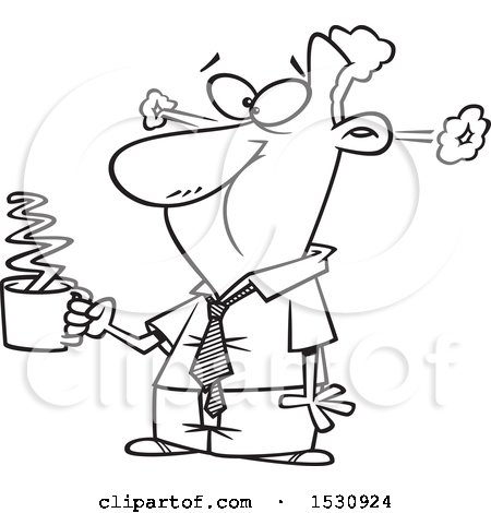 Clipart of a Cartoon Outline Business Man Steaming After Drinkng Hot Coffee - Royalty Free Vector Illustration by toonaday