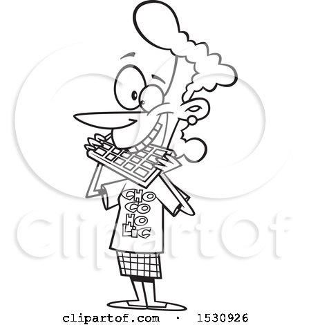 Clipart of a Cartoon Outline Woman Wearing a Chocolate Shirt and Eating a Bar - Royalty Free Vector Illustration by toonaday