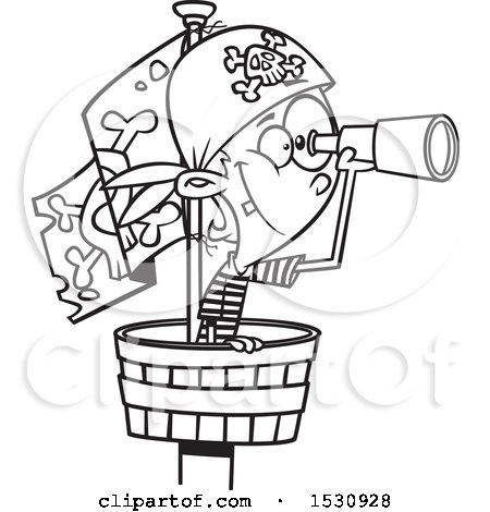 Clipart of a Cartoon Outline Boy Pirate Using a Telescope in a Crows Nest - Royalty Free Vector Illustration by toonaday