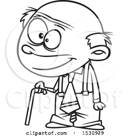 Clipart of a Cartoon Outline Senior Boy Using a Cane - Royalty Free Vector Illustration by toonaday
