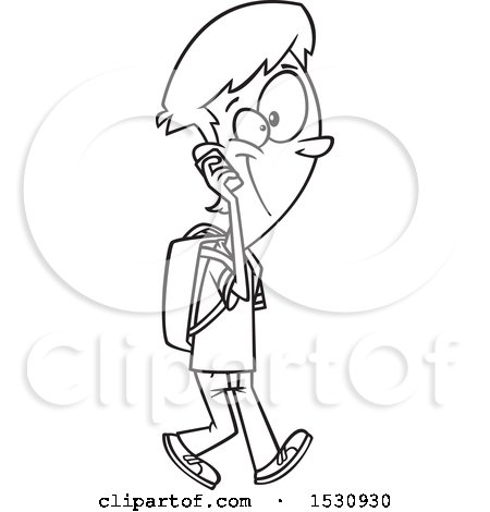 Clipart of a Cartoon Outline Teen Boy Walking and Talking on a Cell Phone - Royalty Free Vector Illustration by toonaday