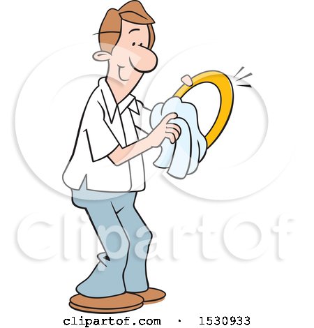 Clipart of a Cartoon Caucasian Man Happily Drying Dishes - Royalty Free Vector Illustration by Johnny Sajem