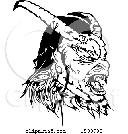 Clipart of a Black and White Horned Devil or Demon - Royalty Free Vector Illustration by dero