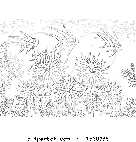 Clipart of a Black and White Group of Fish Swimming over Corals and Sea Anemones - Royalty Free Vector Illustration by Alex Bannykh