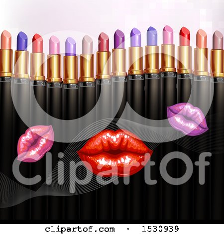 Clipart of a Border of Colorful Lipstick Tubes over Lips - Royalty Free Vector Illustration by merlinul
