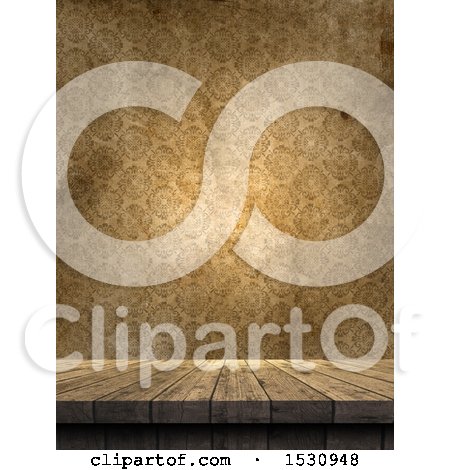 Clipart of a 3d Wood Surface Against a Vintage Wallpaper Background - Royalty Free Illustration by KJ Pargeter