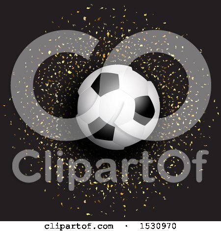 Clipart of a Soccer Ball over Gold Confetti on Black - Royalty Free Vector Illustration by KJ Pargeter