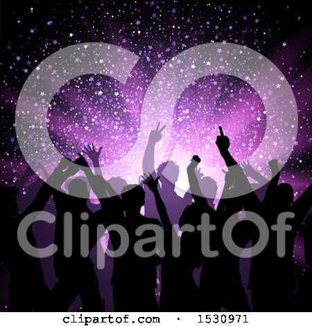 Clipart of a Silhouetted Crowd of Dancers Against Purple Lights - Royalty Free Vector Illustration by KJ Pargeter