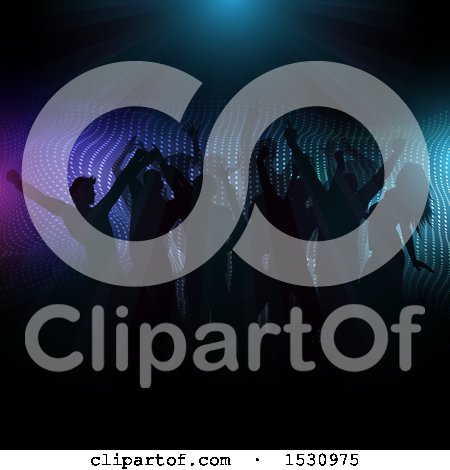 Clipart of a Silhouetted Crowd of Dancers Against Halftone - Royalty Free Vector Illustration by KJ Pargeter