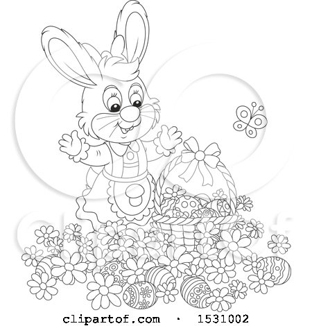 Clipart of a Black and White Female Easter Bunny Rabbit with a Basket and Eggs in Flowers - Royalty Free Vector Illustration by Alex Bannykh