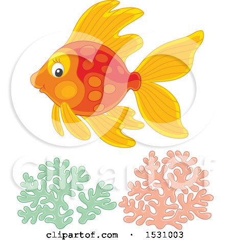 Clipart of a Happy Fish Swimming over Coral - Royalty Free Vector Illustration by Alex Bannykh