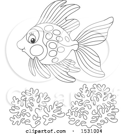 Clipart of a Black and White Fish Swimming over Coral - Royalty Free Vector Illustration by Alex Bannykh