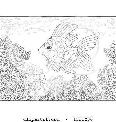 Clipart of a Black and White Fish Swimming over a Coral Reef - Royalty Free Vector Illustration by Alex Bannykh