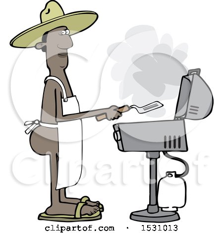 Clipart of a Cartoon Nude Black Man Wearing an Apron and Cooking on a Bbq Grill - Royalty Free Vector Illustration by djart