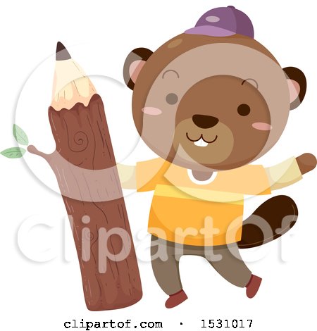 Clipart of a Happy Beaver Student Holding a Wood Pencil - Royalty Free Vector Illustration by BNP Design Studio