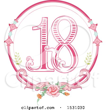 Clipart of a Pink Number Eighteen in a Floral Frame - Royalty Free Vector Illustration by BNP Design Studio