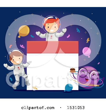 Clipart of a Birthday Calendar Frame with a Boy and Girl Astronaut and Planet - Royalty Free Vector Illustration by BNP Design Studio