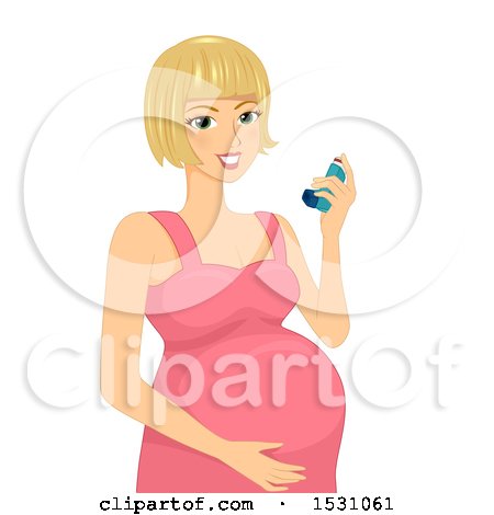 Clipart of a Happy White Pregnant Woman Holding an Asthma Inhaler - Royalty Free Vector Illustration by BNP Design Studio
