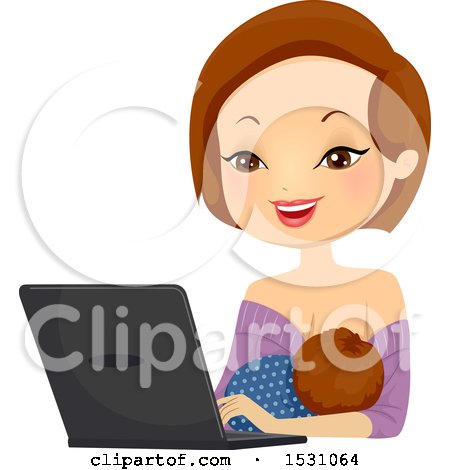 Clipart of a Breastfeeding Mother Using a Laptop - Royalty Free Vector Illustration by BNP Design Studio