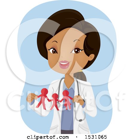 Clipart of a Black Female Doctor Holding a Family Paper Cut out - Royalty Free Vector Illustration by BNP Design Studio