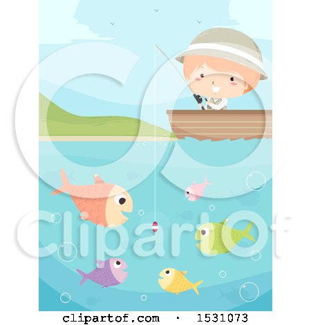 Clipart of a Boy Fishing from a Boat, with Fish Surrounding Bait - Royalty Free Vector Illustration by BNP Design Studio