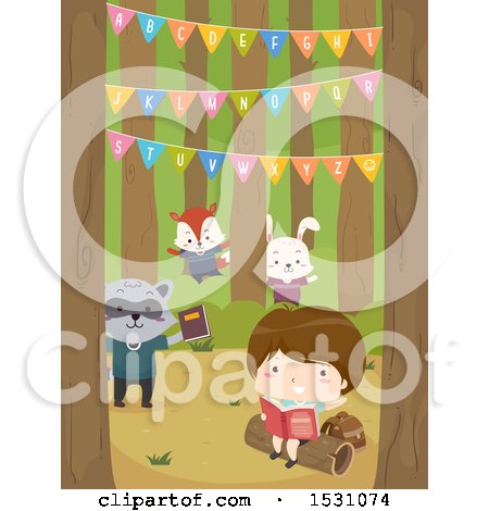 Clipart of a Boy Reading a Book in the Forest, with Animals - Royalty Free Vector Illustration by BNP Design Studio