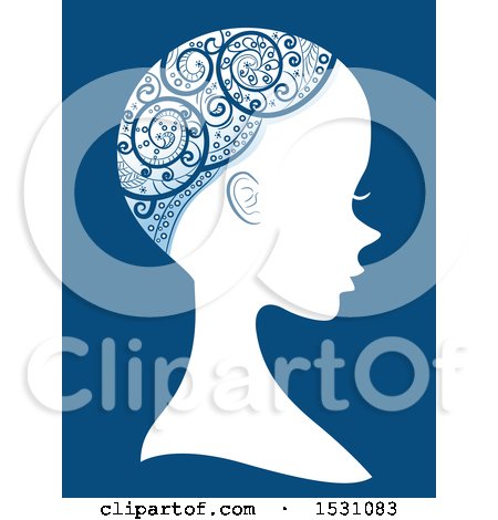 Clipart of a Silhouette Female Profile with an Ornate Design over Her Bald Head, on Blue - Royalty Free Vector Illustration by BNP Design Studio