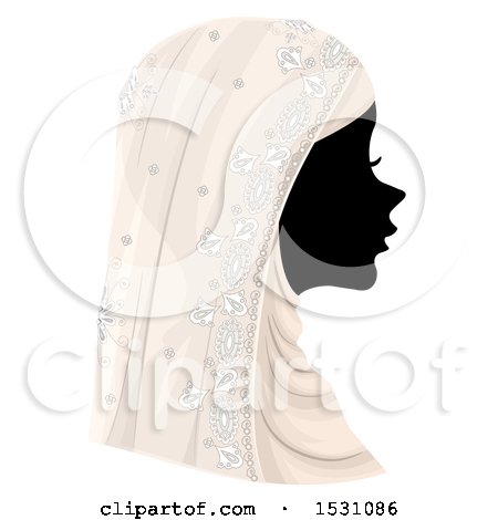Clipart of a Silhouette Female Profile with a Muslim Wedding Veil - Royalty Free Vector Illustration by BNP Design Studio