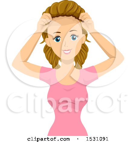 Clipart of a Teen Girl Putting a Wig on to Cover Her Bald Head - Royalty Free Vector Illustration by BNP Design Studio
