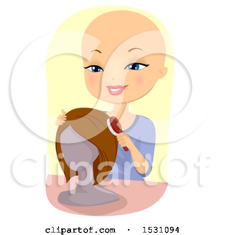 Clipart of a Bald Woman Brushing Her Wig - Royalty Free Vector Illustration by BNP Design Studio