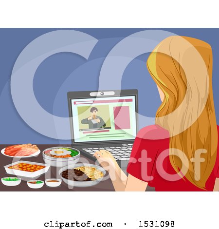 Clipart of a Teen Girl Watching a Cooking Show - Royalty Free Vector Illustration by BNP Design Studio
