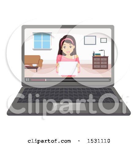 Clipart of a Teen Girl Holding a Sign and Vlogging on a Laptop - Royalty Free Vector Illustration by BNP Design Studio
