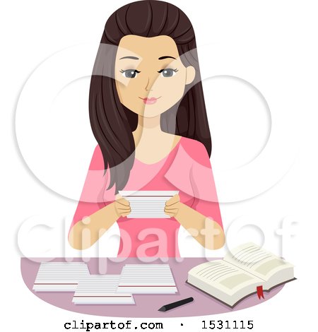 Clipart of a Teen Girl Studying with Note Cards - Royalty Free Vector Illustration by BNP Design Studio