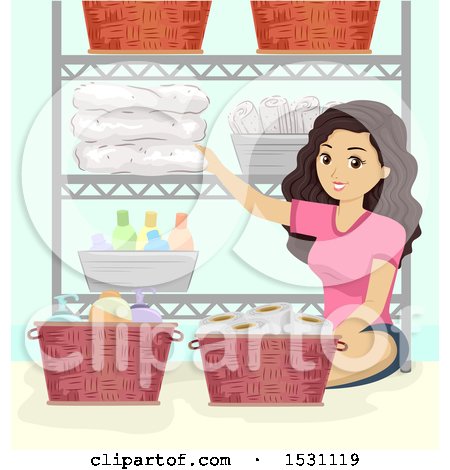 Clipart of a Teen Girl Organizing a Bathroom Shelf - Royalty Free Vector Illustration by BNP Design Studio