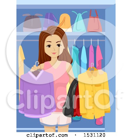 Clipart of a Teen Girl Holding Clothes in a Closet - Royalty Free Vector Illustration by BNP Design Studio