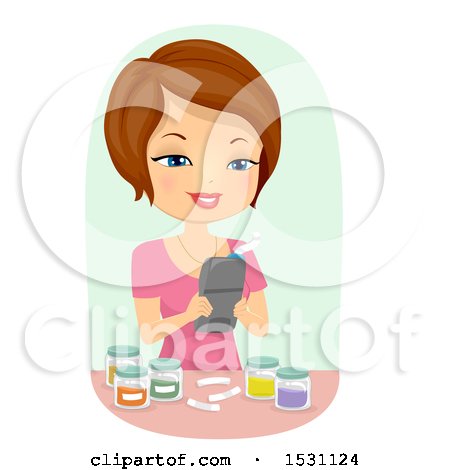 Clipart of a Happy Woman Using a Label Maker for Jars - Royalty Free Vector Illustration by BNP Design Studio